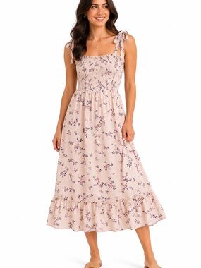Japna Midi Dress Blush Floral Tie-Shoulder Smocked Size Small